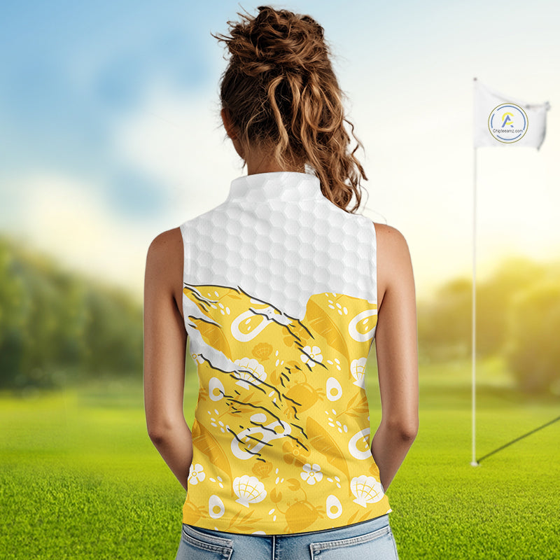 Custom Yellow Summer Pattern Womens Sleeveless Golf Polo Shirts Summer Golf Shirt For Vacation, Golf Team Shirt NBT732