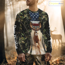 Load image into Gallery viewer, Patriotic Green Camo Deer Hunting Shirt – American Flag Whitetail Buck, Custom Name for Men NBT34