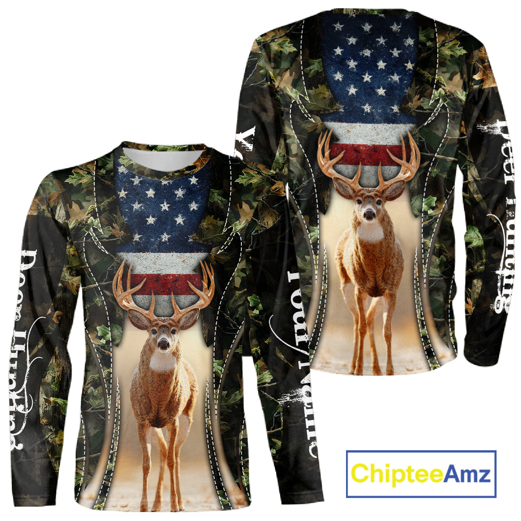 Patriotic Green Camo Deer Hunting Shirt – American Flag Whitetail Buck, Custom Name for Men NBT34
