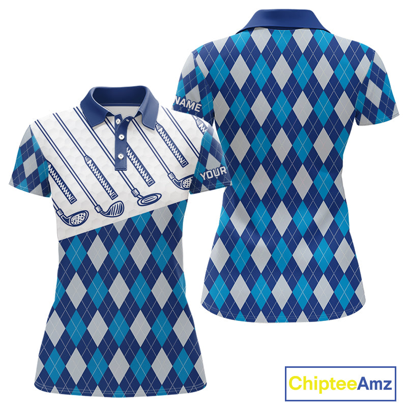 Blue Argyle Golf Polo Shirt For Women Plaid Pattern Custom Name, Golfer Gifts for Ladies NBT488