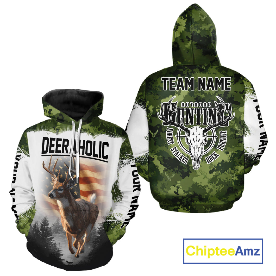Green Camouflage Deer Hunting Shirts with American Flag – Custom Name, Gift for Hunters NBT37