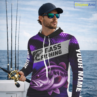 Purple Largemouth Bass Long Sleeve Hooded Fishing Shirts, Custom Big Bass Fishing Jerseys NBT379