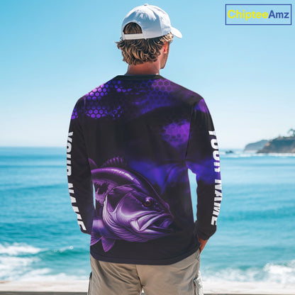 Purple Largemouth Bass Long Sleeve Fishing Shirts, Custom Big Bass Fishing Jerseys NBT379