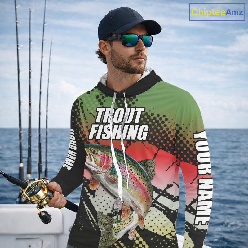 Rainbow Trout Fishing Shirt Long Sleeve Hooded Custom Name, Fishing Team Shirts NBT426