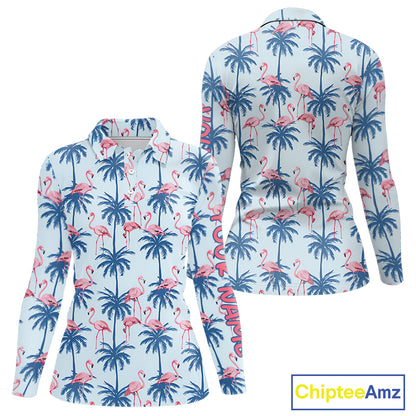 Flamingo Tropical Palm Tree Womens Polo Shirt, Custom Matching Girl Polo Team, Golf Gifts For Ladies NBT494