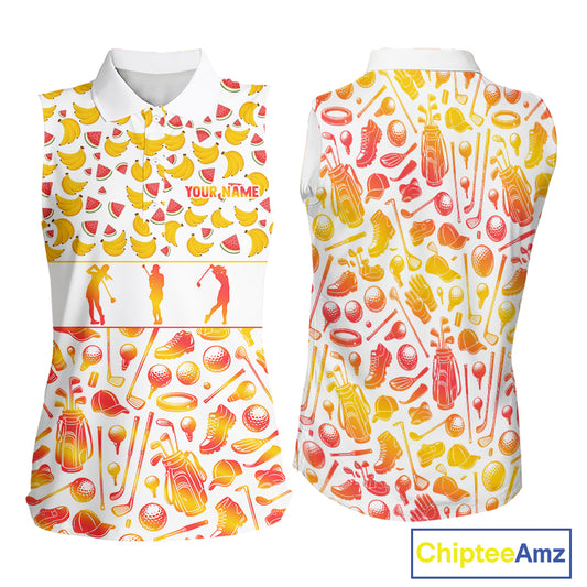 Funny Watermelon Banana Womens Sleeveless Golf Polo Shirts Custom Name Neon Print, Golf Shirt For Women NBT501