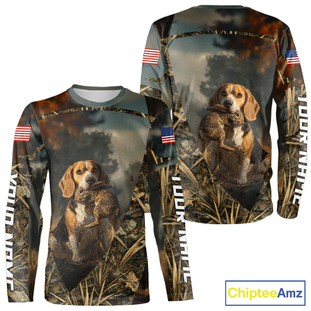 Custom Rabbit Hunting Beagle Dog US Flag Camouflage 3D Shirts, Rabbit Hunting Clothes NBT229