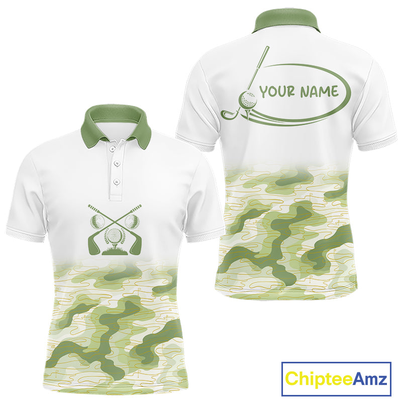 Green And White Camo Mens Golf Polo Shirts Customized Camouflage Golf Shirts For Men, Golfer Gifts NBT510