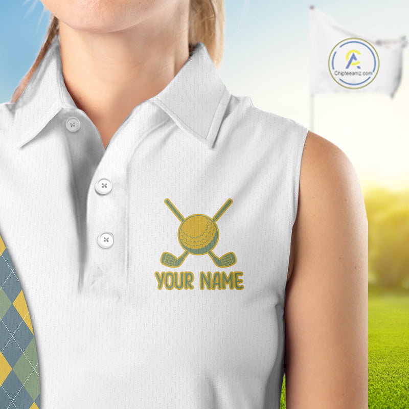 Sleeveless Golf Polo Shirts For Women Custom Argyle Plaid Pattern Golf Shirts, Gift For Golf Lovers NBT513