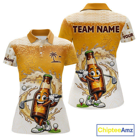 back view of beer bottle golfer design on womens beer golf polo shirt