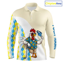 Load image into Gallery viewer, Funny rooster Hawaiian mens long sleeve golf polo shirt with argyle pattern - front view