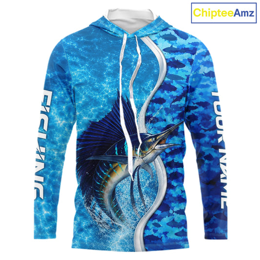 Front view of Sailfish fishing blue ocean camouflage performance long sleeve hooded fishing shirt for team