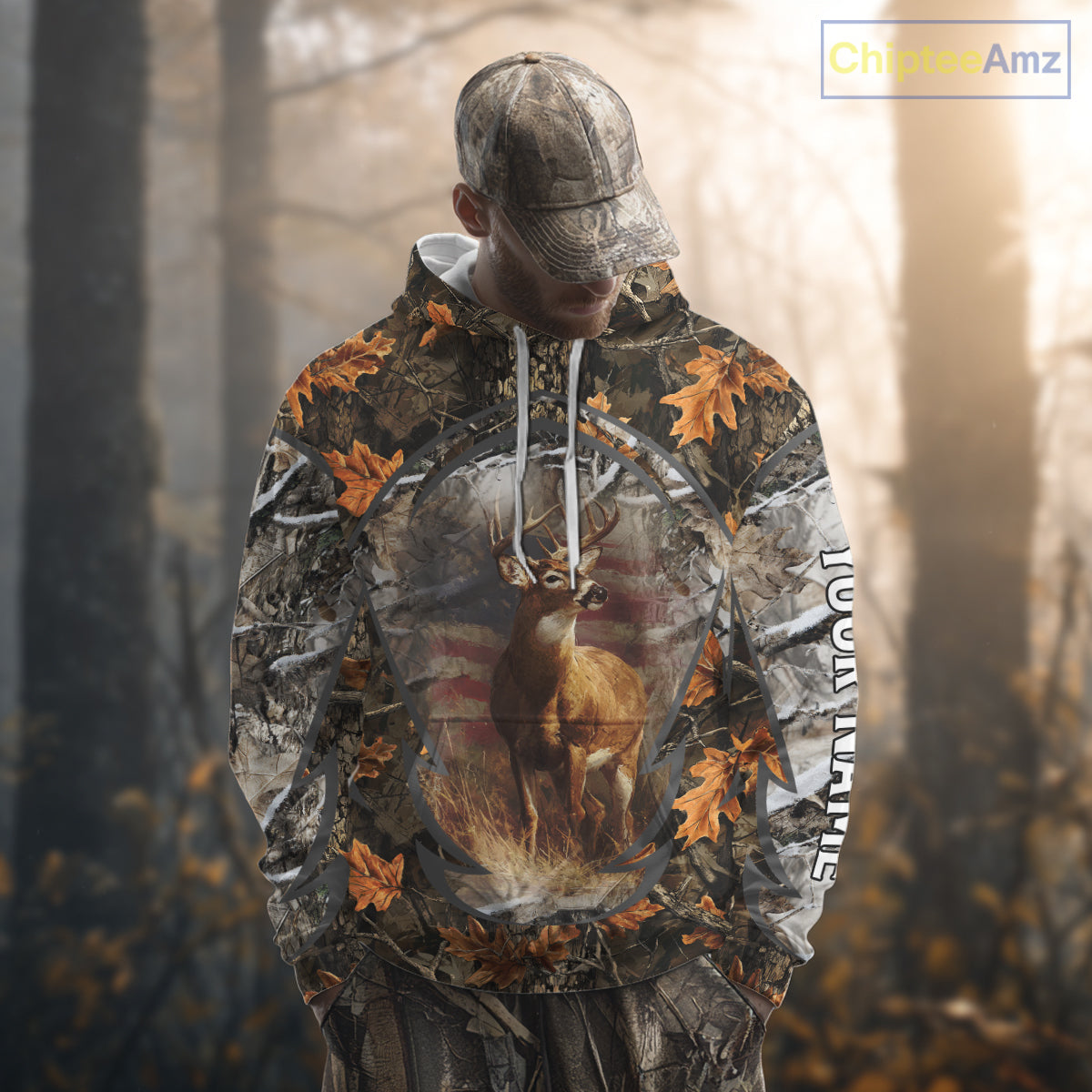 Deer Hunting Camo Hoodie American Flag Long Sleeve 3D Shirt Men Camo Hoodie NBT293