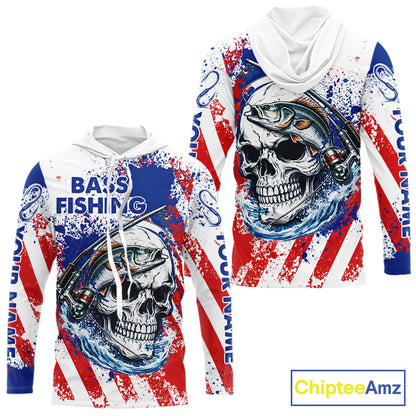Custom American Flag Fishing Shirts Largemouth Bass Fishing Long Sleeve Hooded, Bass Fishing Shirts For Men NBT385