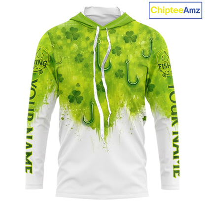 Personalized St Patrick's Day Shirts Fish Hook Long Sleeve Hooded Fishing Shirts, Mens Fishing Outfit NBT386