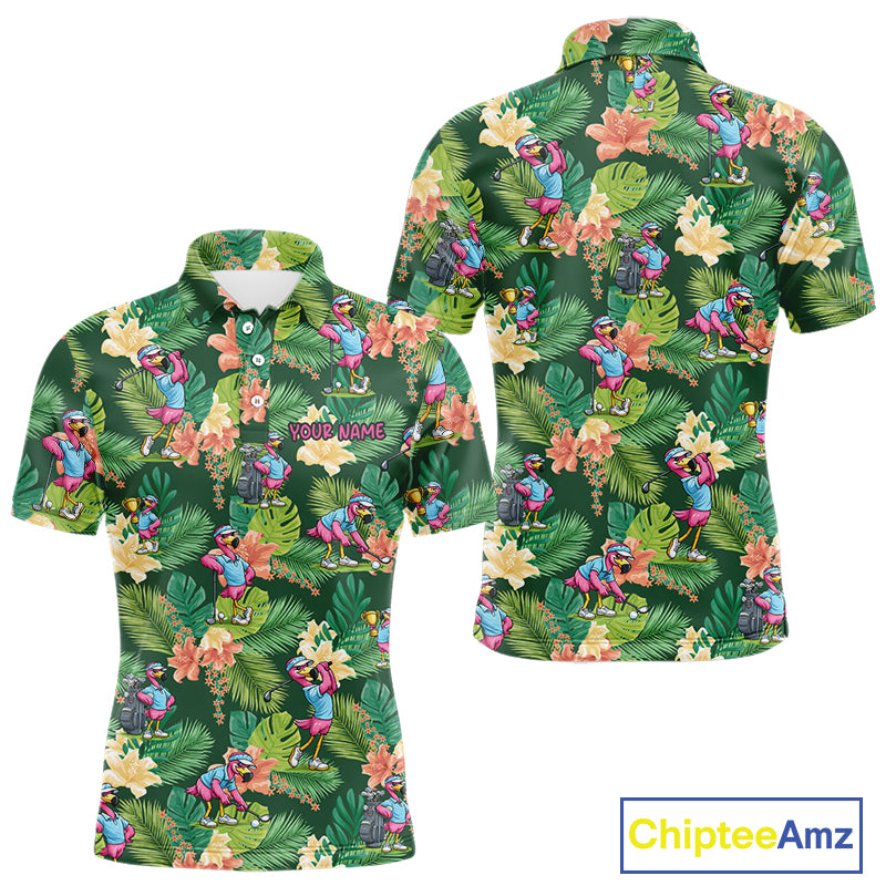 Funny Mens Golf Polo Shirt Custom Green Tropical Flower Flamingo Team Golf Shirts, Golf Gifts NBT660