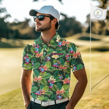 Load image into Gallery viewer, Funny Mens Golf Polo Shirt Custom Green Tropical Flower Flamingo Team Golf Shirts, Golf Gifts NBT660