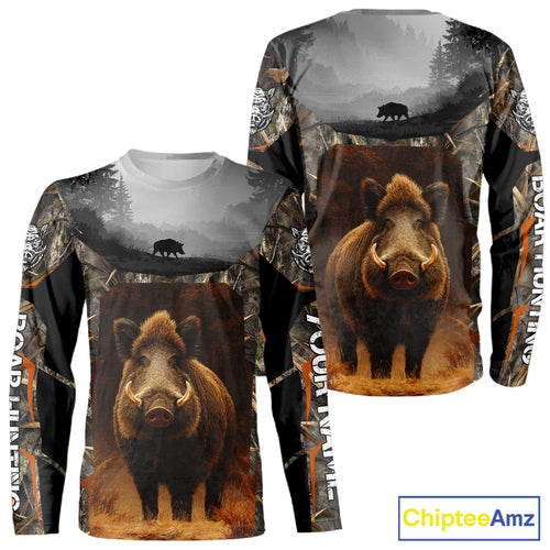 Boar Hunting Shirt Brown Camouflage Hoodie, Long Sleeve Custom Name For Men NBT247
