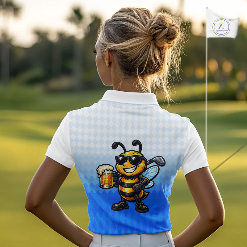 Funny Bee Golf Polo Shirt For Women, Cute Bee With Beer Print Shirt, Sporty Animal Golf Gift|Blue NBT664