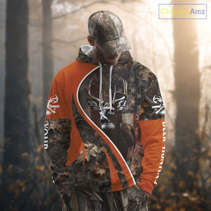 Custom Whitetail Deer Hunting Shirt 3D All Over Print with Orange Camo US Flag Hunting Gifts NBT253