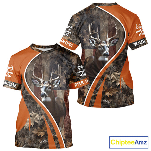 Custom Whitetail Deer Hunting Shirt 3D All Over Print with Orange Camo US Flag Hunting Gifts NBT253