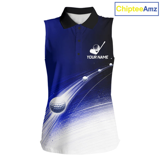 Blue Golf Ball Pattern American Flag Womens Sleeveless Tournament Golf Polo Shirts, Team Golf Shirts Golf Gifts NBT870