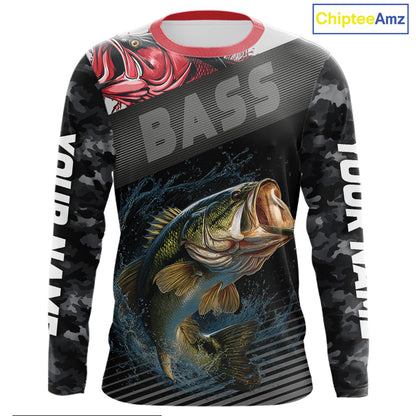 Personalized Largemouth Bass Fishing Long Sleeve Black Camo Shirts, Bass Fishing League Jerseys NBT345
