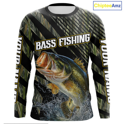 Personalized Reed Camo Bass Fishing Long Sleeve Shirts, Custom Bass Tournament Jerseys|Green NBT347