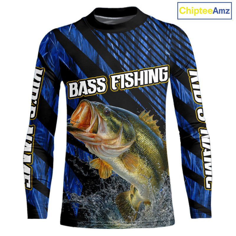 Personalized Reed Camo Bass Fishing Kid Long Sleeve Shirts, Custom Bass Tournament Jerseys|Blue NBT348