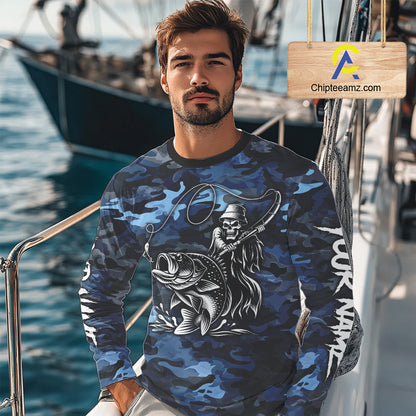 Reaper Fishing Largemouth Bass Long Sleeve Fishing Shirts Blue Camo, Camo Fishing Shirt NBT391
