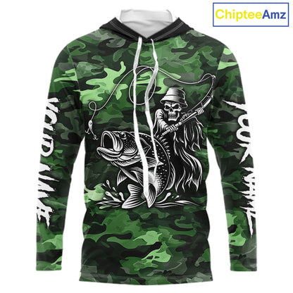 Reaper Fishing Largemouth Bass Long Sleeve Hooded Fishing Shirts Green Camo, Camo Fishing Shirt NBT392