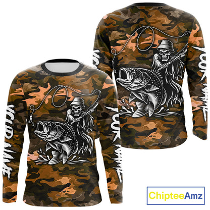 Reaper Fishing Largemouth Bass Long Sleeve Fishing Shirts Orange Camo, Camo Fishing Shirt NBT393