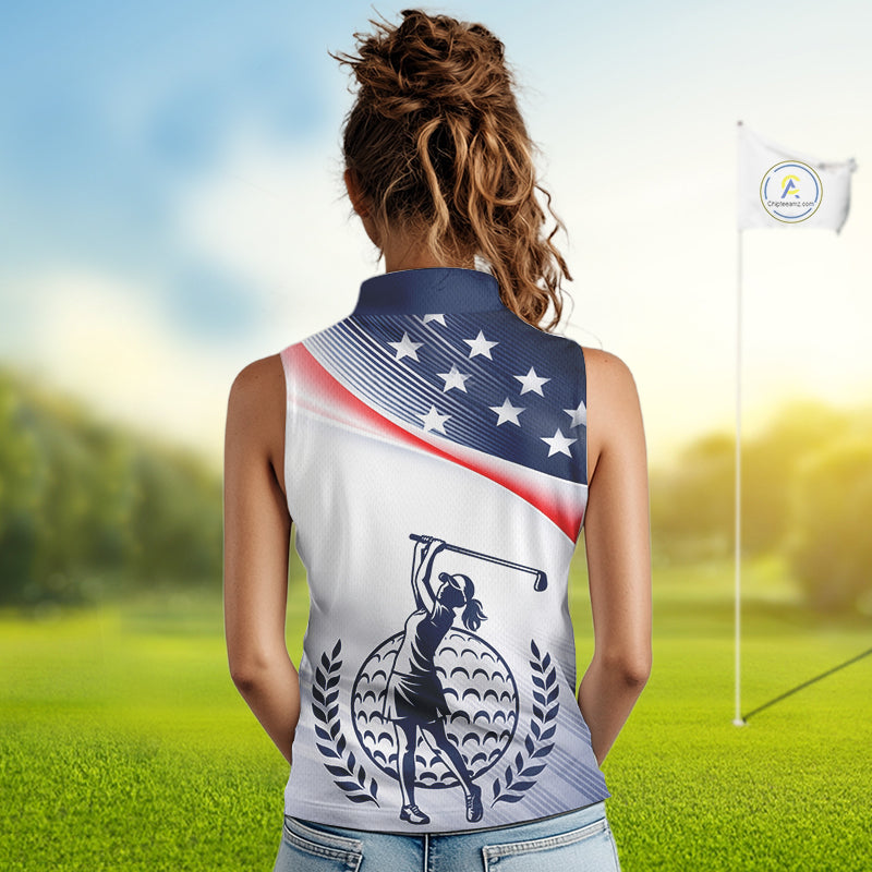 American Flag White Women Sleeveless Golf Polo Shirts Custom Patriotic Womens Golf Top, Golf Gifts NBT547
