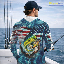 Load image into Gallery viewer, American Flag Mahi Mahi (Dorado) Fishing Custom Name Blue Water Camo Long Sleeve Hooded Fishing Shirt NBT689