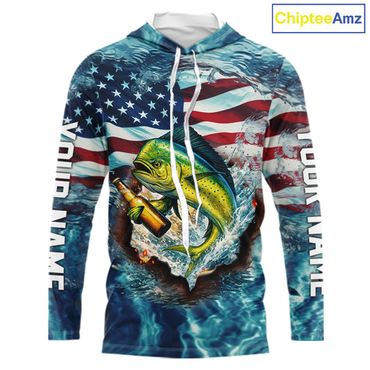 American Flag Mahi Mahi (Dorado) Fishing Custom Name Blue Water Camo Long Sleeve Hooded Fishing Shirt NBT689