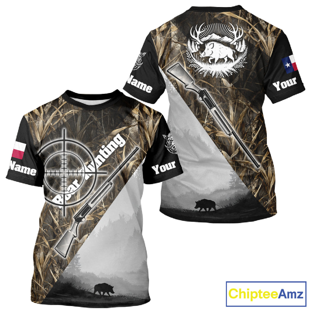 Wild Boar Hunting with Texas Flag and Scope 3D Custom Name Shirts, Boar Gifts for Hunters NBT173