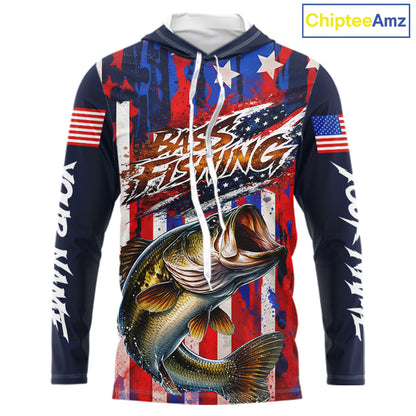 American Flag Bass Long Sleeve Hooded Fishing Shirts, Bass Fishing Tournament Shirts, Bass Fishing Shirts NBT432