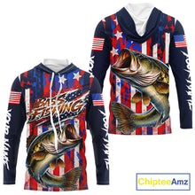 Load image into Gallery viewer, American Flag Bass Long Sleeve Hooded Fishing Shirts, Bass Fishing Tournament Shirts, Bass Fishing Shirts NBT432