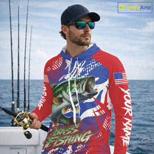 Load image into Gallery viewer, Bass Fishing American Flag Long Sleeve Hooded Fishing Shirts, Bass Fishing Shirts For Men, UPF Fishing Shirts NBT436