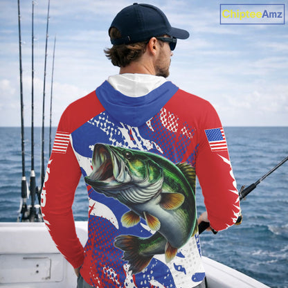 Bass Fishing American Flag Long Sleeve Hooded Fishing Shirts, Bass Fishing Shirts For Men, UPF Fishing Shirts NBT436