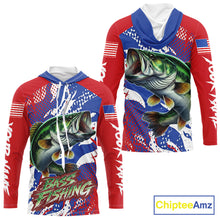 Load image into Gallery viewer, Bass Fishing American Flag Long Sleeve Hooded Fishing Shirts, Bass Fishing Shirts For Men, UPF Fishing Shirts NBT436