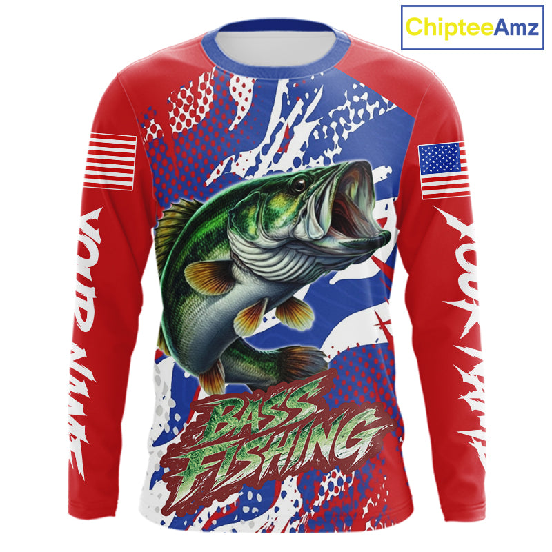 Bass Fishing American Flag Fishing Shirts Long Sleeve, Bass Fishing Shirts For Men, UPF Fishing Shirts NBT436