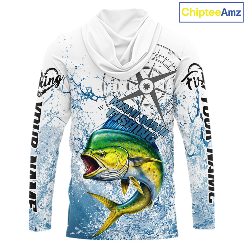 Custom Mahi Mahi Long Sleeve Hooded Fishing Shirts Saltwater Fish, Compass Offshore Tournament Fishing Shirts NBT552