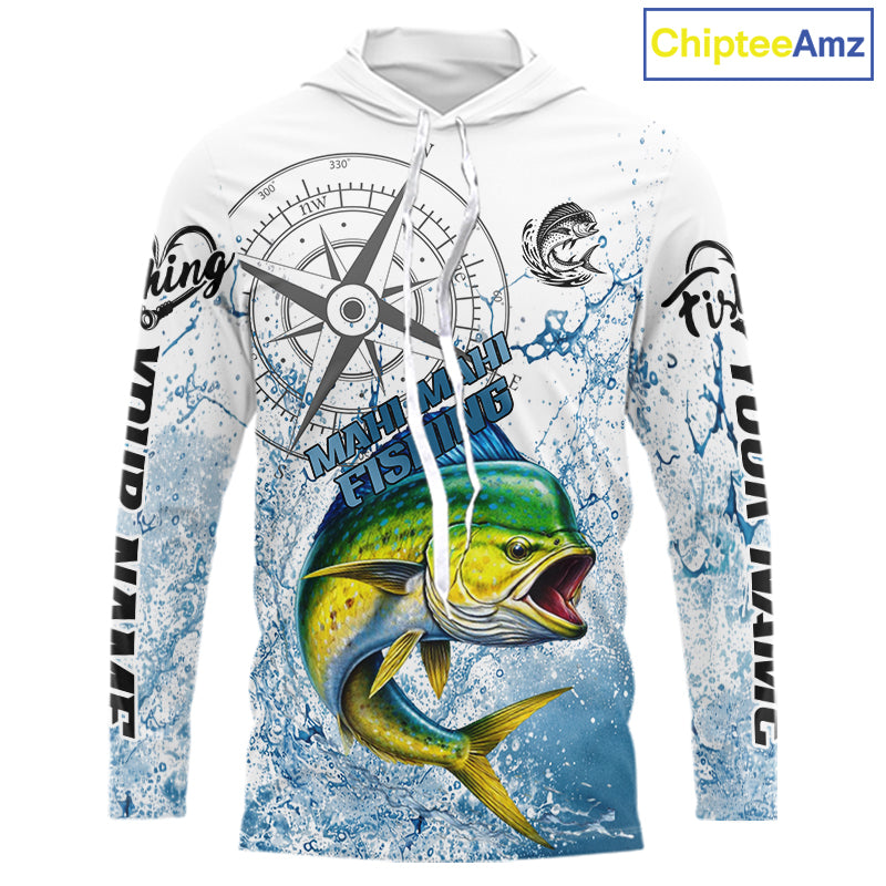 Custom Mahi Mahi Long Sleeve Hooded Fishing Shirts Saltwater Fish, Compass Offshore Tournament Fishing Shirts NBT552