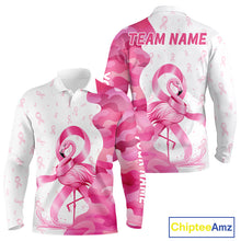Load image into Gallery viewer, Front and back views of a funny white and pink flamingo, personalized name text on the sleeve, and team name on the back.