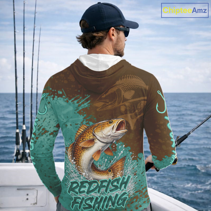 Personalized Redfish Long Sleeve Hooded Fishing Shirts Brown Turquoise Camo, Redfish Fishing Shirts For Men NBT396