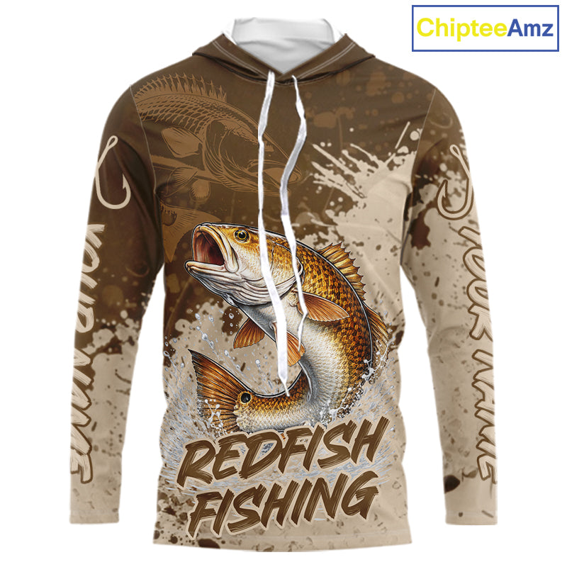 Personalized Redfish Long Sleeve Hooded Fishing Shirts Brown Camo, Redfish Fishing Shirts For Men NBT397