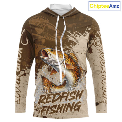 Personalized Redfish Long Sleeve Hooded Fishing Shirts Brown Camo, Redfish Fishing Shirts For Men NBT397