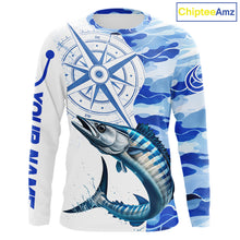 Load image into Gallery viewer, Front views of a wahoo fishing shirt long sleeve with name text on the sleeve.