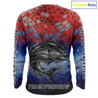 Custom Red Blue Tuna Fishing Long Sleeve Fishing Shirts, Saltwater Offshore Fishing Shirts NBT399